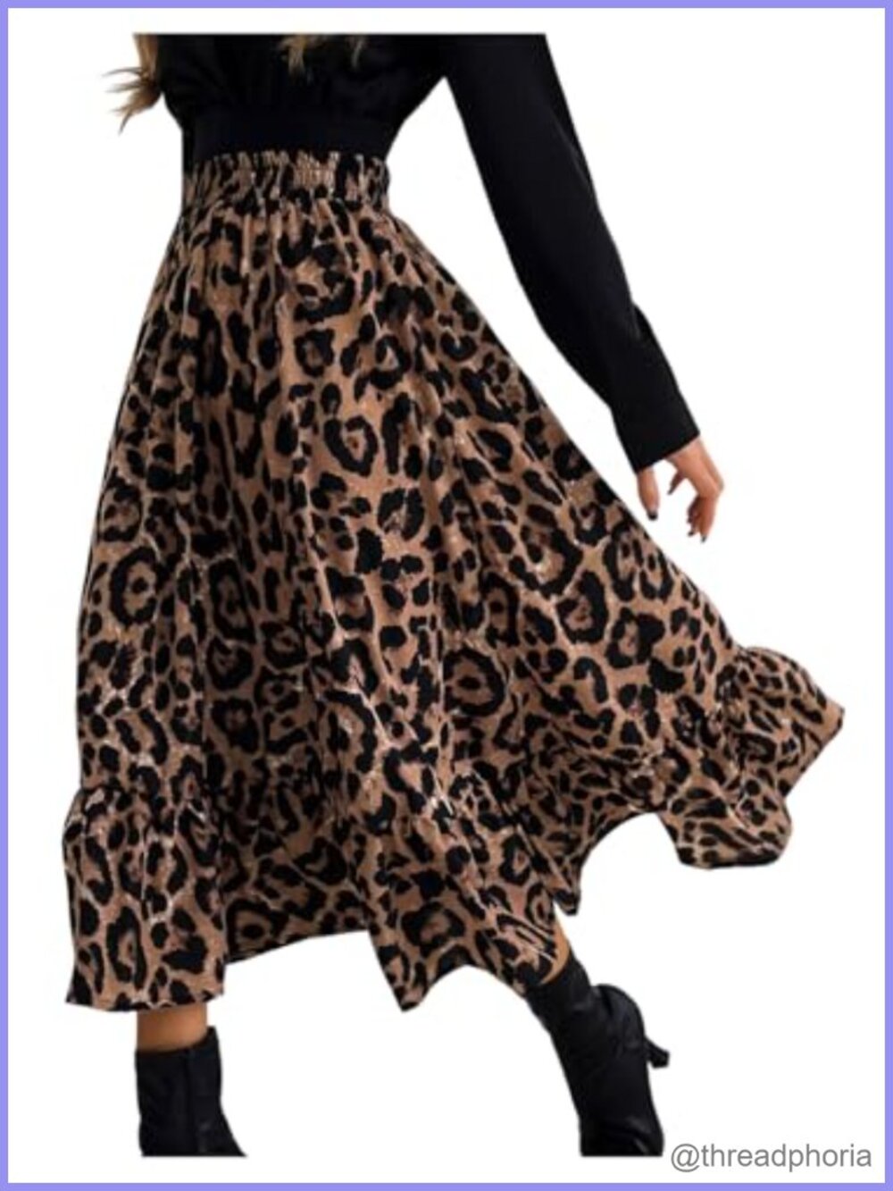 Leopard Print Ruffle Midi Skirt High Waisted Flowy A Line Casual